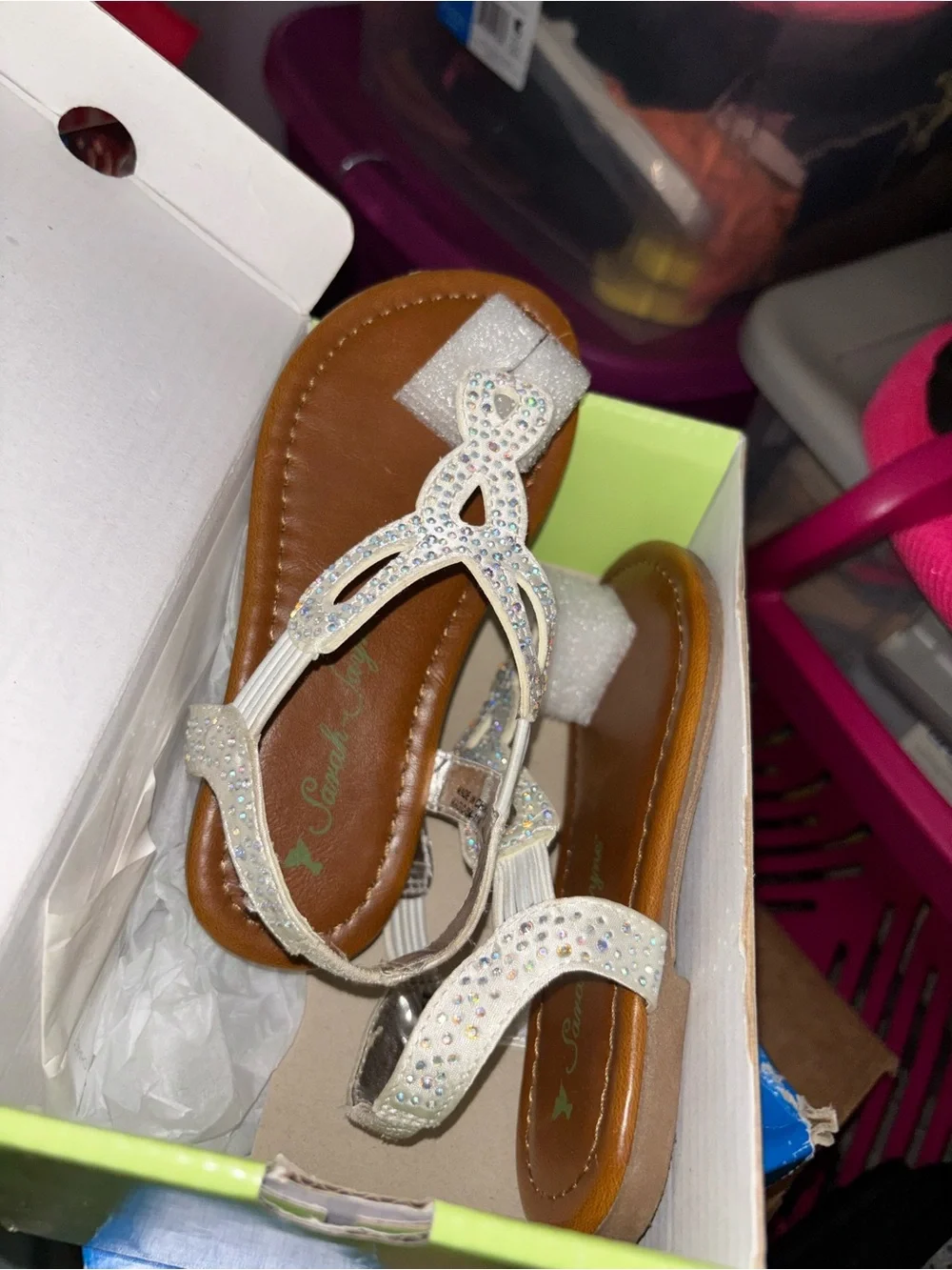 Girls' Rhinestone T-Strap Sandals - White
